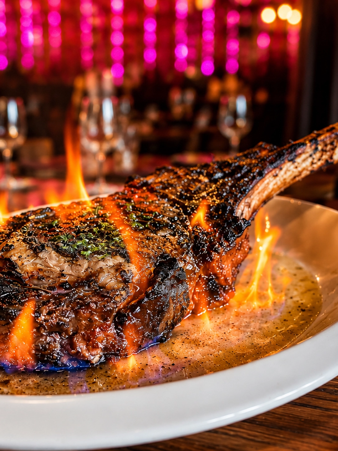 Flaming Tomahawk steak served at IMC Restaurant & Bar in Huntington Village